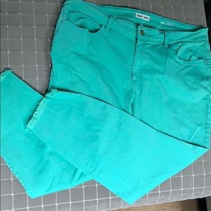 Gorgeous blue green jeans with cute frayed hems